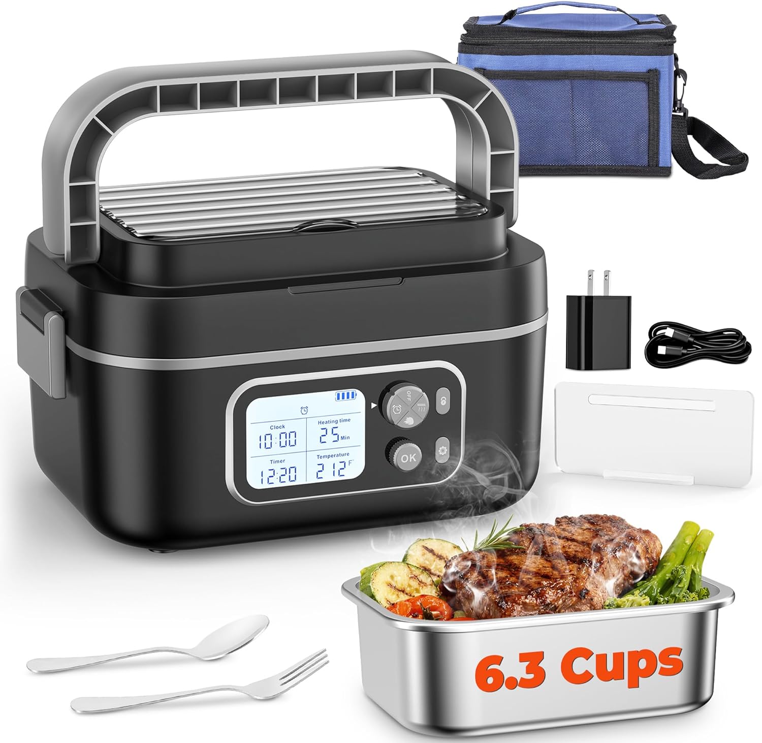 Cordless Electric Lunch Box [24,000 mAh, 6.3 Cups], 100W Heated Lunch Box for Adults with Scheduled Heating and Memory Function, Max 212°F, Leakproof Food Warmer for Blue-Collar, Truck, Office, Picnic