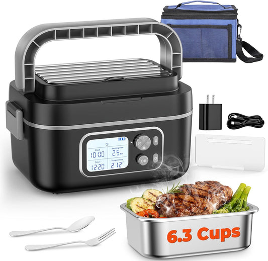 Cordless Electric Lunch Box [24,000 mAh, 6.3 Cups], 100W Heated Lunch Box for Adults with Scheduled Heating and Memory Function, Max 212°F, Leakproof Food Warmer for Blue-Collar, Truck, Office, Picnic