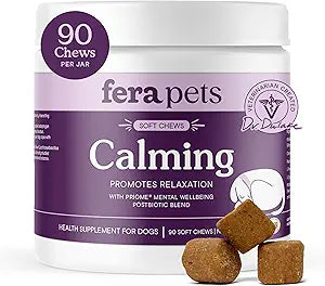 Fera Pets Dog Calming Chews - Helps Manage Everyday Stress & Separation - Promotes Relaxation - Ashwagandha & PriomeÂ® Mental Wellbeing Postbiotic Blend - 90 Soft Chews