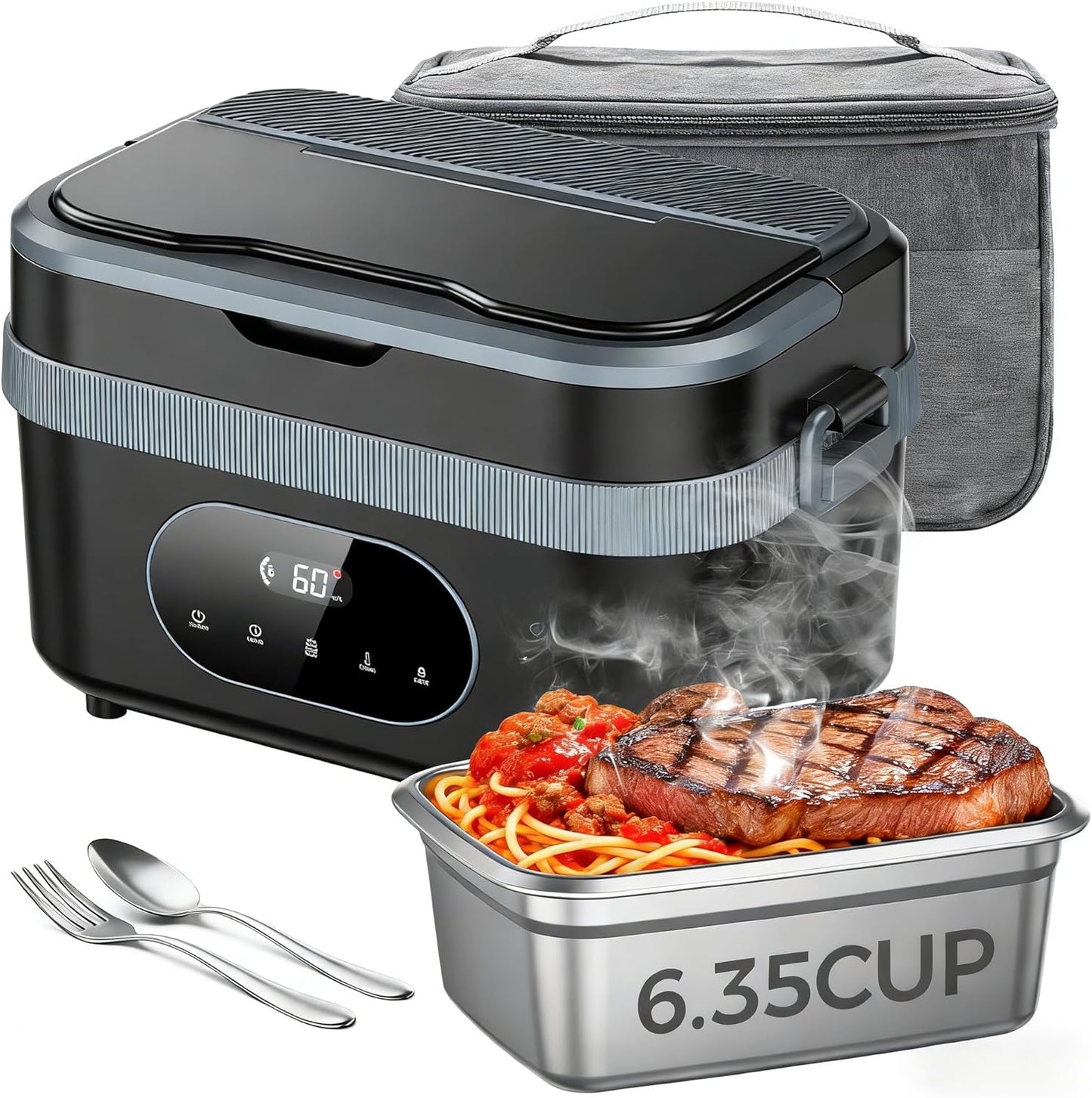 Cordless Heated Lunch Box for Adults, 18000mAh Battery Powered Electric Lunch Box with 5-Sided Heating, 1.5L Stainless Steel Food Container, Smart Timer & Preset Heating