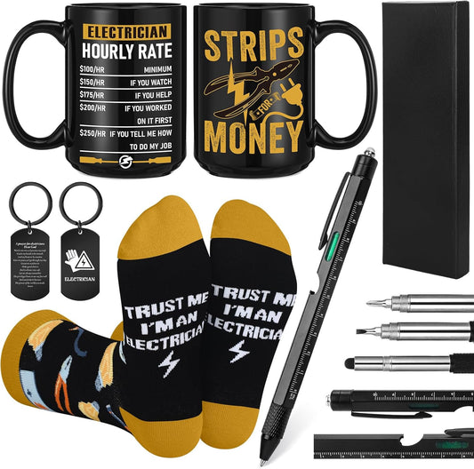 Panitay 4 Pcs Electrician Gifts Set for Men 9 in 1 Multi Tool Pen 14 oz Electrical Engineers Coffee Mug Keychain Sock Gadget Christmas Birthday Gift for Electromechanical Technician Father Dad Husband
