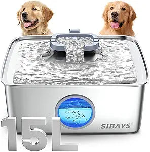 SIBAYS 4Gal/15L Dog Water Fountain, Stainless Steel Large Capacity Pet Water Fountain with Water Level LED Light, Automatic Quiet Dog Water Bowl Dispenser for Large Dogs & Multi-Pet Easy to Clean FS79