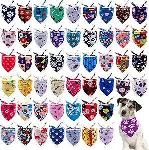 100PCS Small Dogs Bandanas Bulk Pet Paw Bone Kerchief Triangle Bibs Head Scarves Scarfs Random Patterns Selvedge Sewing Stitching Edge Hemming Stitch Seam for Medium Grooming Accessories