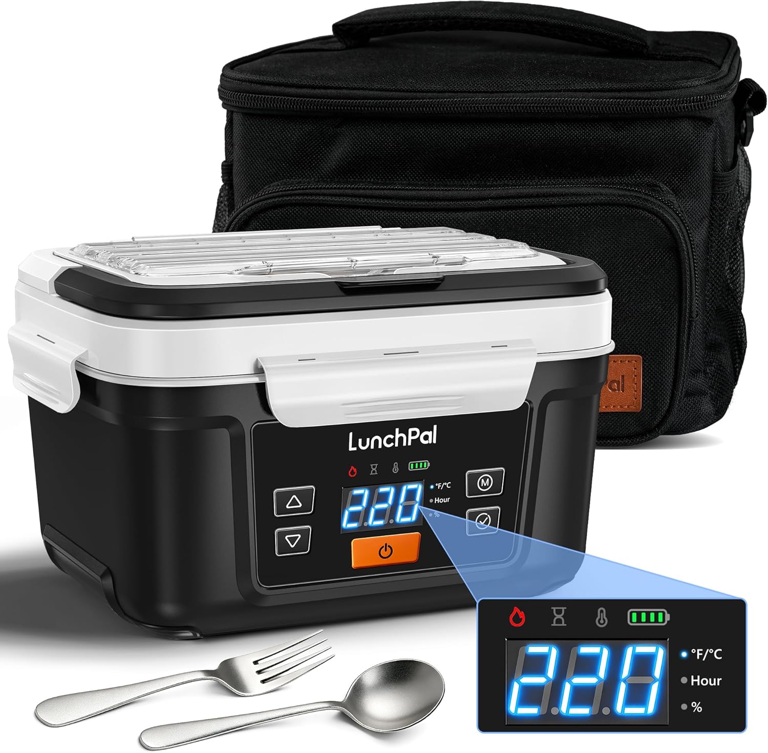 Cordless Electric Heated Lunch Box, 5.7-Cup Portable Rechargeable Food Warmer with 220℉ 5-Side Heating, Smart Scheduled Heating & Keep Warm, Includes Insulated Bag &Fork Spoon, Design for Outdoor Work