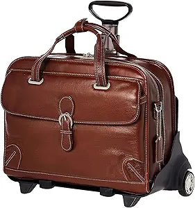 Siamod, VERNAZZA, CARUGETTO, Napa Cashmere Leather, 15" Leather Patented Detachable -Wheeled Laptop Briefcase, Cognac (45294), 18 L x 8 75 W x 14 5 H