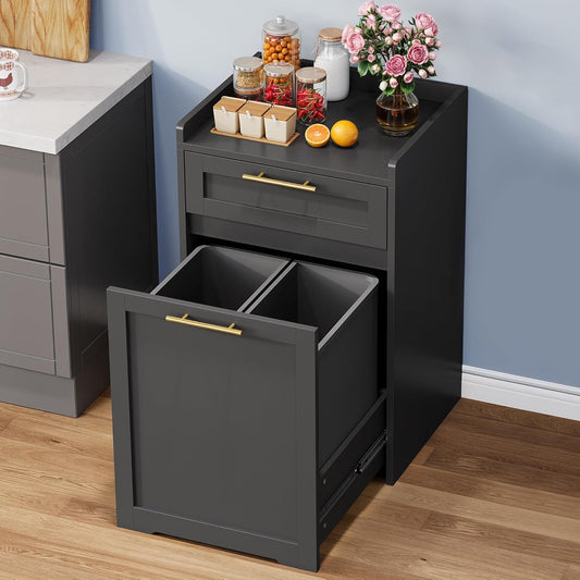 DWVO Double Pull Out Trash Can Cabinet, 2×13 Gallon Kitchen Trash Bin Cabinet, Garbage Recycling Cabinet with Drawer, Laundry Hamper Cabinet for Kitchen, Laundry Room, Bathroom, Black