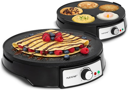 NutriChef Electric Crepe Maker & Griddle Cooktop | Nonstick Reversible 12 Inch Hot Plate with LED Indicator Lights & Adjustable Temperature Control | Wooden Spatula & Batter Spreader Included
