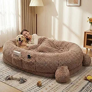 GarveeHome Human Sized Dog Bed, 70.87" x 45" x 12" Large Dog Bed with 2 Storage Pockets, Fluffy Faux Fur Orthopedic Pet Bean Bed for Adults & Giant Pets - Brown