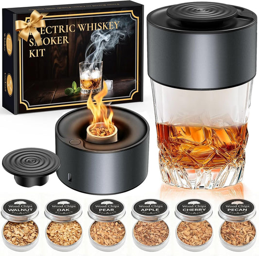 Electric Whiskey Smoker Kit, Rechargeable Bourbon Smoker Kit with 6 Flavors of Natural Wood Chips, Drink Smoker Infuser Kit Cocktail Idea Christmas Birthday Gifts for Men Husband Dad Him