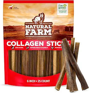 Natural Farm Collagen Sticks for Dogs (6 Inch, 25 Pack), Odor-Free Long Lasting Chews & Rawhide Alternative - 95% Collagen, Low Fat, High Protein - Best Dental Dog Treats - Medium & Large Dogs