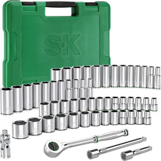 SK 3/8" Drive Socket Set with 160-P Ratchet, 55-Piece, SAE & Metric, SuperKrome Finish, Premium CR-V Construction, with Storage Suitcase