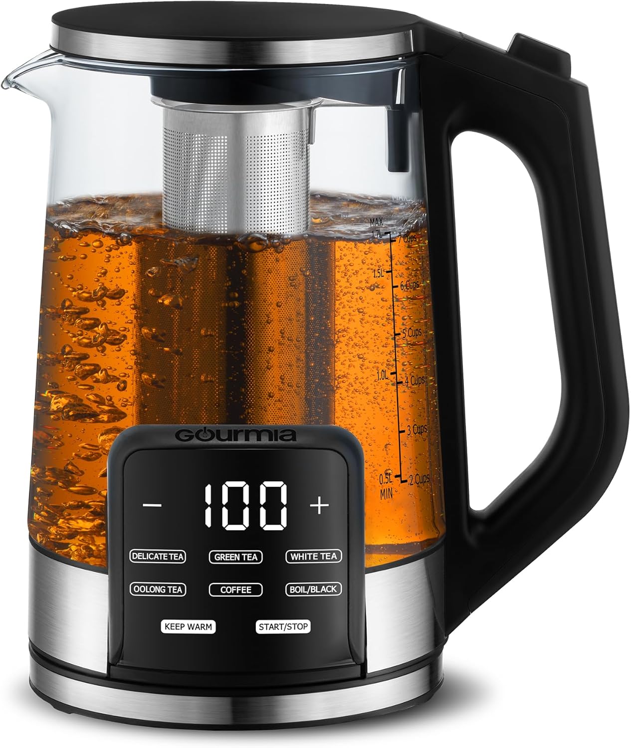 Gourmia Electric Programmable Glass Kettle \u2013 1.7L Temperature Control Tea & Coffee Kettle with Digital Touch Display, 6 Presets, Keep Warm, Removable Stainless Steel Infuser, 360° Swivel Base \u2013 Black