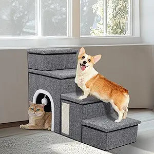 Dog Stairs for Bed and Couch 23â€œH, Foldable Dog Stairs for Small Older Dogs, 4 in 1 Adjustable Pet Cat Steps Ramps with Storage, Condo, Cat Scratcher, Hold Up to 180LBS, 4 Steps