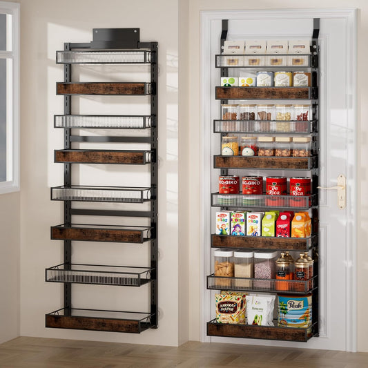 Over The Door Pantry Organizer,8 Tier Wall Mounted Spice Rack with Adjustable Wood Basket and Acylic Basket,Metal Heavy Duty Door Organizer Hanging Storage Shelf for Kitchen Pantry and Bathroom