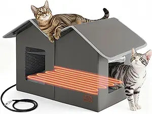 Bedsure Heated Outdoor Cat House-Extra Wide Weatherproof and Warming Feral Cat Shelter with Raised Base in Winter, Waterproof Insulated Outside Pet Hideout for Stray Kitty, 22.5x12.5x13.25inches, Grey