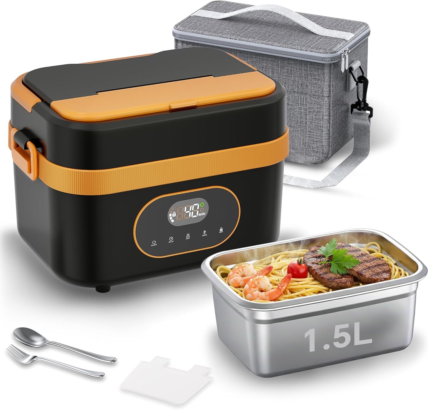 POERUNI.Heated Lunch Box for Adult,Electric Lunch Box for Man,16000mAh Battery &1.5-Liter Container.Wireless Heating is Suitable for Travel,Office.Includes Cutlery,Insulated Bag and Removable Divider