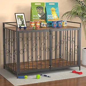 Medium Dog Crate Furniture Style, 48"/42"/38 Dog Crates for Medium Large Dogs, Indoor Decorative Wood Dog Crate Table with Storage Shelf, Unique Round Sturdy Pet Kennel Furniture
