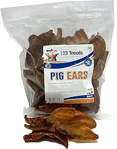 123 Treats Pig Ears for Dogs, 100% Natural Long Lasting Pork Dog Chews, Ideal for All Chewers, Delicious and Healthy Dog Treats, Half Pig Ears (One Pack of 30)