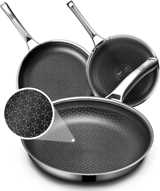 OATOFP Non Stick Frying Pans Set, Hybrid Skillet Set Nonstick (8+10+12inch), Pans for cooking, PFOA Free Stainless Steel Kitchen set, Dishwasher and Oven-Safe Cookware Sets