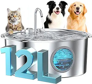 Dog Water Fountain for Large Dogs: Stainless Steel Dog Fountain Water Bowl - 3.2Gal/406oz/12L Super Quiet Big Cat Water Fountain with Visual Water Level -Great for Large Dogs Cats and Multi-Pet Home