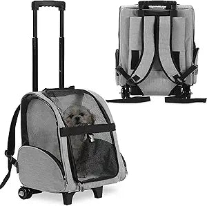 KOPEKS Deluxe Backpack Pet Travel Carrier with Double Wheels for Pets up to 18 Pounds - Grey