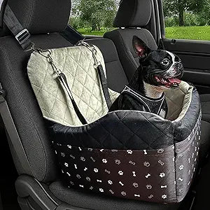 Small Dog Car Seat, Memory Foam Dog Booster Car Seats with Thick Cushion for Medium Dogs Under 35lbs, 3Storage Pockets with Zipper, 2 Safety Belts (Black, Regular)