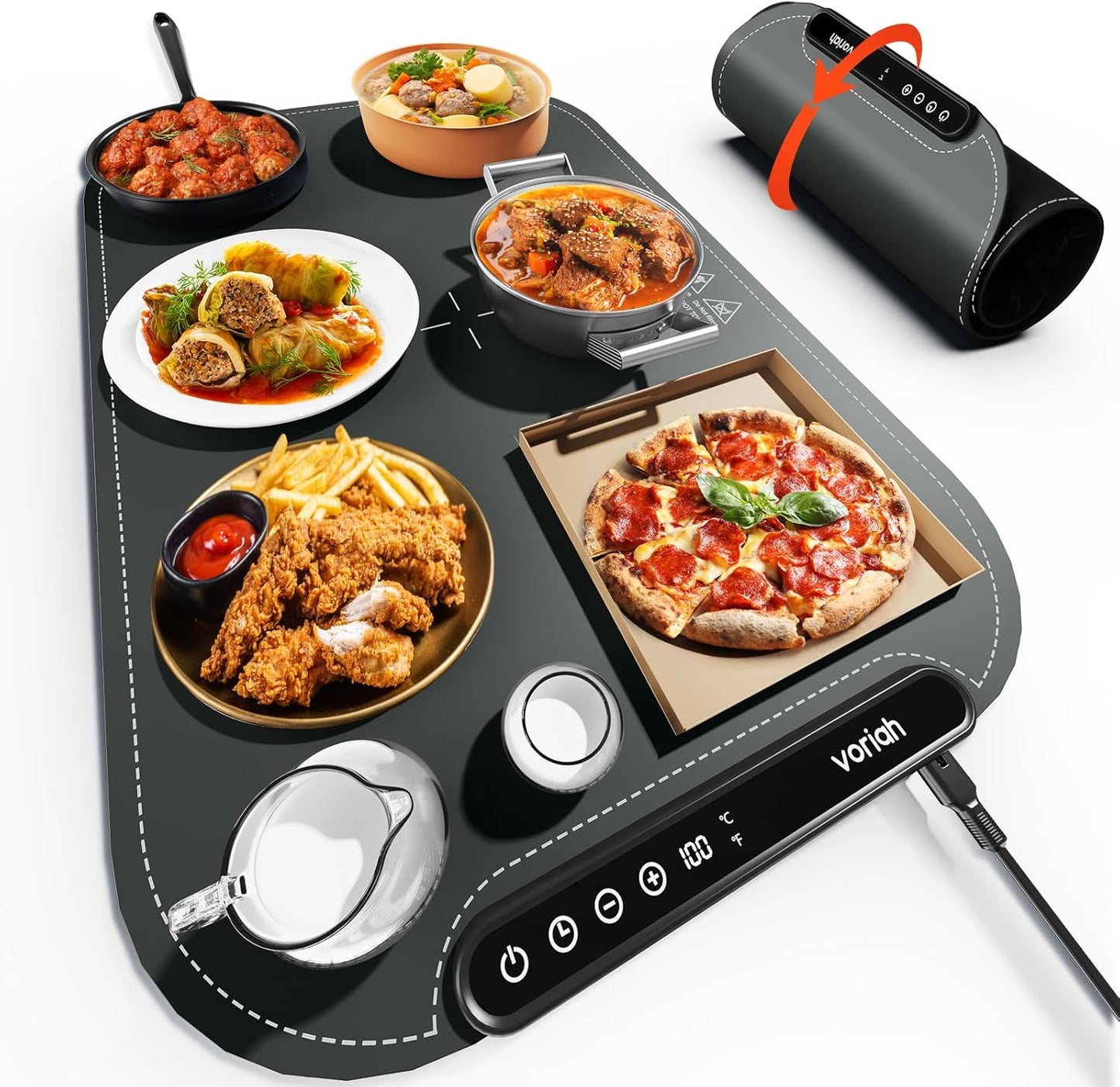 Warming Mat for Food, Voriah Electric Warming Tray with 99H Timer & 8 Temperature Settings, Foldable Food Warmer with °C\/°F Switch, Keeps Food Warm at Buffets, Sabbath, Family Gatherings