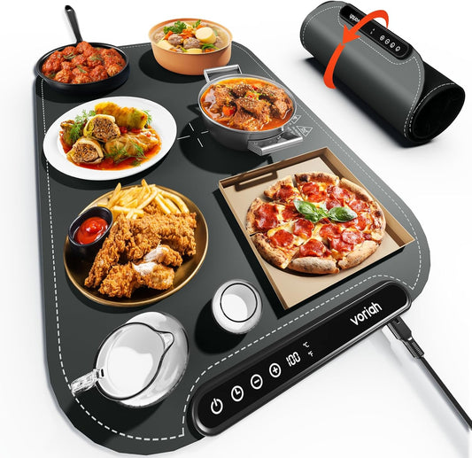 Warming Mat for Food, Voriah Electric Warming Tray with 99H Timer & 8 Temperature Settings, Foldable Food Warmer with °C\/°F Switch, Keeps Food Warm at Buffets, Sabbath, Family Gatherings