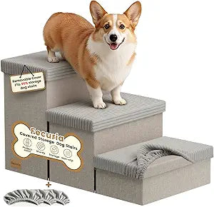3-Step Wide Dog Stairs 18" H with Removable Cover, Non-Slip Storage Pet Steps for High Bed Couch, Pet Stairs for Small/Medium/Large Old Dogs Puppy Up to 200lbs, Cat Dog Steps for Car, Grey