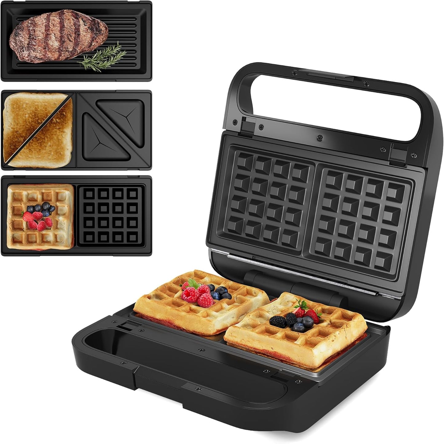 Sunvivi Pro Waffle Maker with Removable Non-stick Plates, Electric Sandwich Maker 3 in 1 Panini Press Grill, with Glass Top, Cool Touch Handle & Easy to Clean, 850W