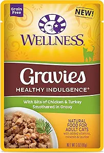 Wellness Natural Pet Food Healthy Indulgence Natural Grain Free Wet Cat Food, Gravies Chicken & Turkey, 3-Ounce Pouch (Pack Of 24)