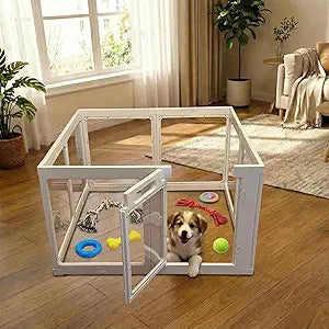 Transparent Indoor Dog Playpen with Safety Lock, Indoor Dog Fence for Small & Medium Pets | Secure, Stylish, Easy Clean Play Pen for Dogs & Pets with Scratch Resistant Panels (White, 8 Panel)