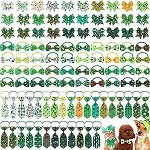 Reginary 100 Pieces St. Patrick's Day Dog Bow Tie Collar Set Include 40 Dog Neckties, and 30 Puppy Bowties, 30 Collar Flowers, Adjustable Pet Grooming for Small Medium Cats Pets Supply