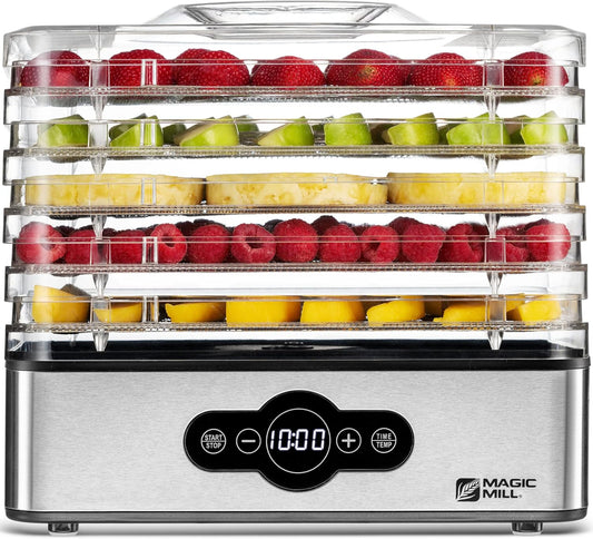 Magic Mill Food Dehydrator Machine | 5 Stackable Stainless Steel Trays, 48H Digital Adjustable Timer & Temperature Control Upto 167° Electric Dryer & Preserver for Jerky, Fruit, Dog Treats & Much More
