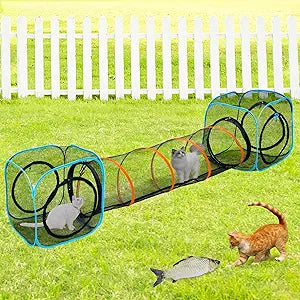 Collapsible Cat Play Tunnel & House for Indoor/Outdoor, Easy Connect with Cat Tent (2 Cubes + Run Tunnel)