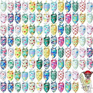 Chunful 100 Pieces Dog Bandanas Bulk Summer Pet Bandanas Pack Triangle Scarf Bib Kerchief Set for Small Large Dog Costume Accessories Decoration(25.6 x 17.7 x 17.7,Fruit)