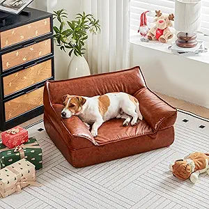 Leather Dog Bed Couch for Small and Medium Dogs, Brown Elevated Cat Sofa Bed Luxurious Indoor Furniture Style Pet Supplies for Puppy Under 50 lbs