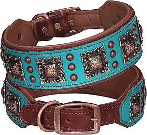 PET ARTIST Soft Padded Leather Dog Collar, 2 inch Wide Genuine Leather Dog Collars with Stylish Studded Rivet & Metal Buckle, Luxury & Adjustable Pet Collars for Medium Dogs,Green,Neck 16-19"