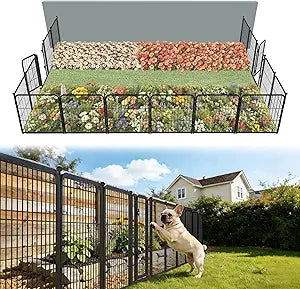 FXW Garden Fence Outdoor for The Yard â€“ 24in(H) x 30.4ft(L) Heavy Duty Metal Animal Barrier for Dog and Rabbit, Decorative Dog Fence, 16 Panels, Black