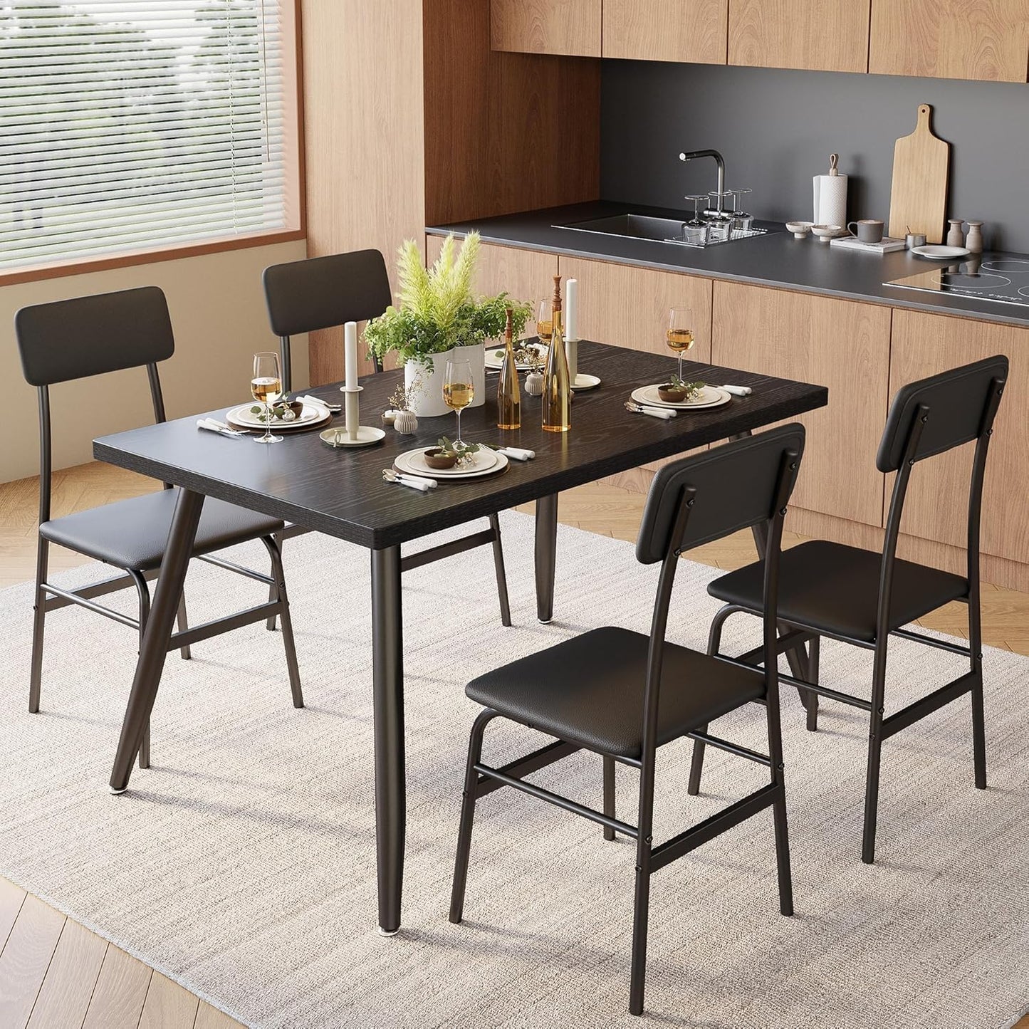 Gizoon 5 Piece Dining Table Set for 4, Modern Metal & Wood Kitchen Dinner Table with 4 Chairs, Space-Saving Dining Room Furniture Table & Chair Sets for Small Spaces & Apartment, Black