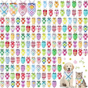 Pickmesh 150 Pcs Spring Plaid Dog Bandanas Bulk Spring Pet Scarf Bibs Adjustable Washable Pet Kerchief Seasonal Costume Accessories Holiday Grooming Supplies for Small to Large Cat Dog