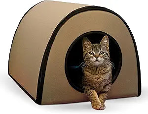 K&H Pet Products Heated Outdoor Cat House for Outside - Thermo Mod Kitty Shelter, Insulated, Waterproof, Heated Floor, Washable Cover, Safety Listed - Small 21 X 14 X 13in Tan 20W