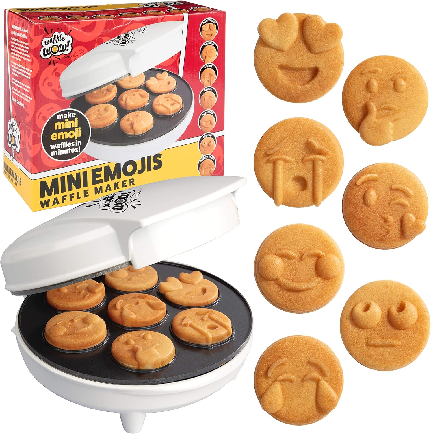 Mini Emojis Waffle Maker for Valentine's Day Breakfast- Make 7 Unique Smiley Face Waffles Pancakes for Kids- Electric Non-Stick Iron Feat Kiss Face Heart Eyes & Smile w Recipe Guide- Licensed by Emoji