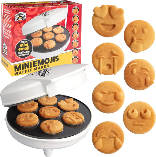 Mini Emojis Waffle Maker for Valentine's Day Breakfast- Make 7 Unique Smiley Face Waffles Pancakes for Kids- Electric Non-Stick Iron Feat Kiss Face Heart Eyes & Smile w Recipe Guide- Licensed by Emoji