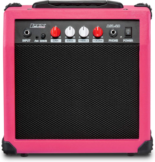 LyxPro Electric Guitar Amp 20 Watt Amplifier Built in Speaker Headphone Jack and Aux Input Includes Gain Bass Treble Volume and Grind - Pink