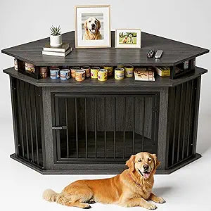 IRONCK 51" Corner Wooden Dog Crate Furniture with 2-Tier Shelves, Pet Kennel for Large Dogs, Space-Saving Dog Cage Indoor, Rustic Brown (26.7" L x 51.2" W x 33.5" H)