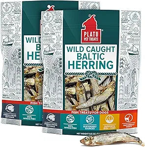 Plato Pet Treats Fish Dog Treats - Air-Dried, Single Ingredient Pet Treat - Omega 3 & 6 Fatty Acids to Support Skin and Coat - 100% Whole Fish - Wild Caught Baltic Herring - 8.5 oz - 2 Pack