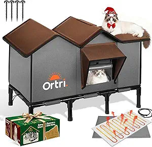 Outdoor Heated Cat House for Outside: Winter Insulated Weatherproof 30"Ã—14"Ã—20" Shelter with Extra Large Elevated Warm Heater and Waterproof Heating Bed for Multiple Feral Kitties Small Pets for Barn