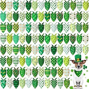 Chunful 120 Pcs St Patricks Day Bandanas Bulk for Dogs Adjustable Irish Shamrocks Clover Green Hat Plaid Triangle Soft Bibs Puppy Bandana for Small Medium Large Pet Costume(25.6 x 17.7 x 17.7 Inch)