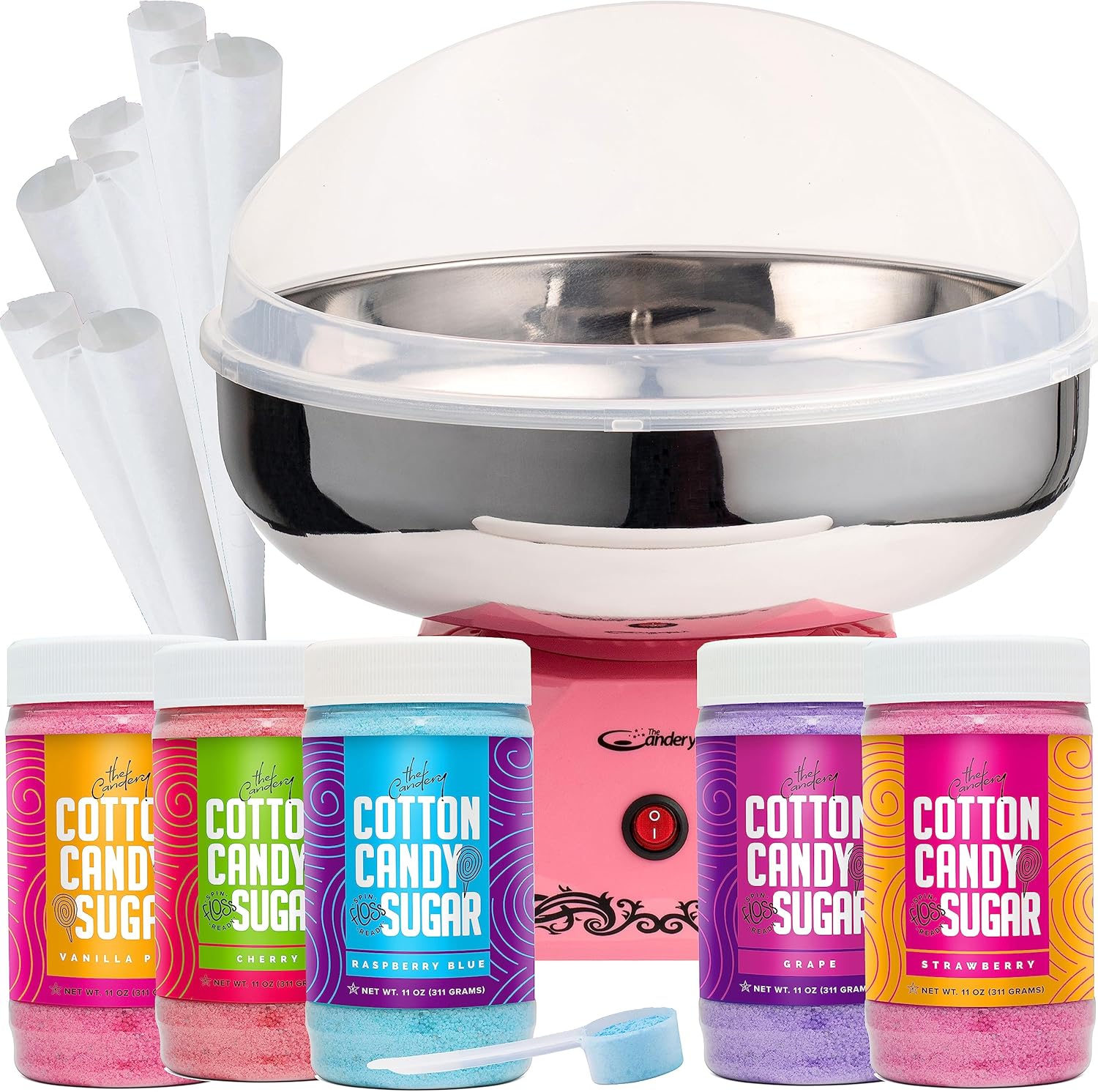 The Candery Cotton Candy Machine with Stainless Steel Bowl 2.0 and Floss Bundle- Use to Floss Sugar Floss, Candy for Birthday Parties Fairs, Festivals- Includes 5 Floss Sugar Flavors 12oz Jars and 50